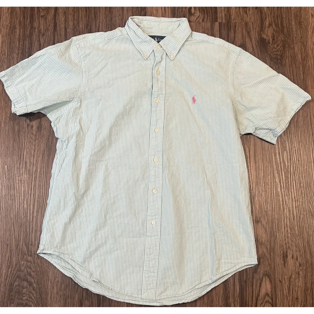 Ralph Lauren Classic Fit Mens PinStripe Green Short Sleeve Button Down Size L